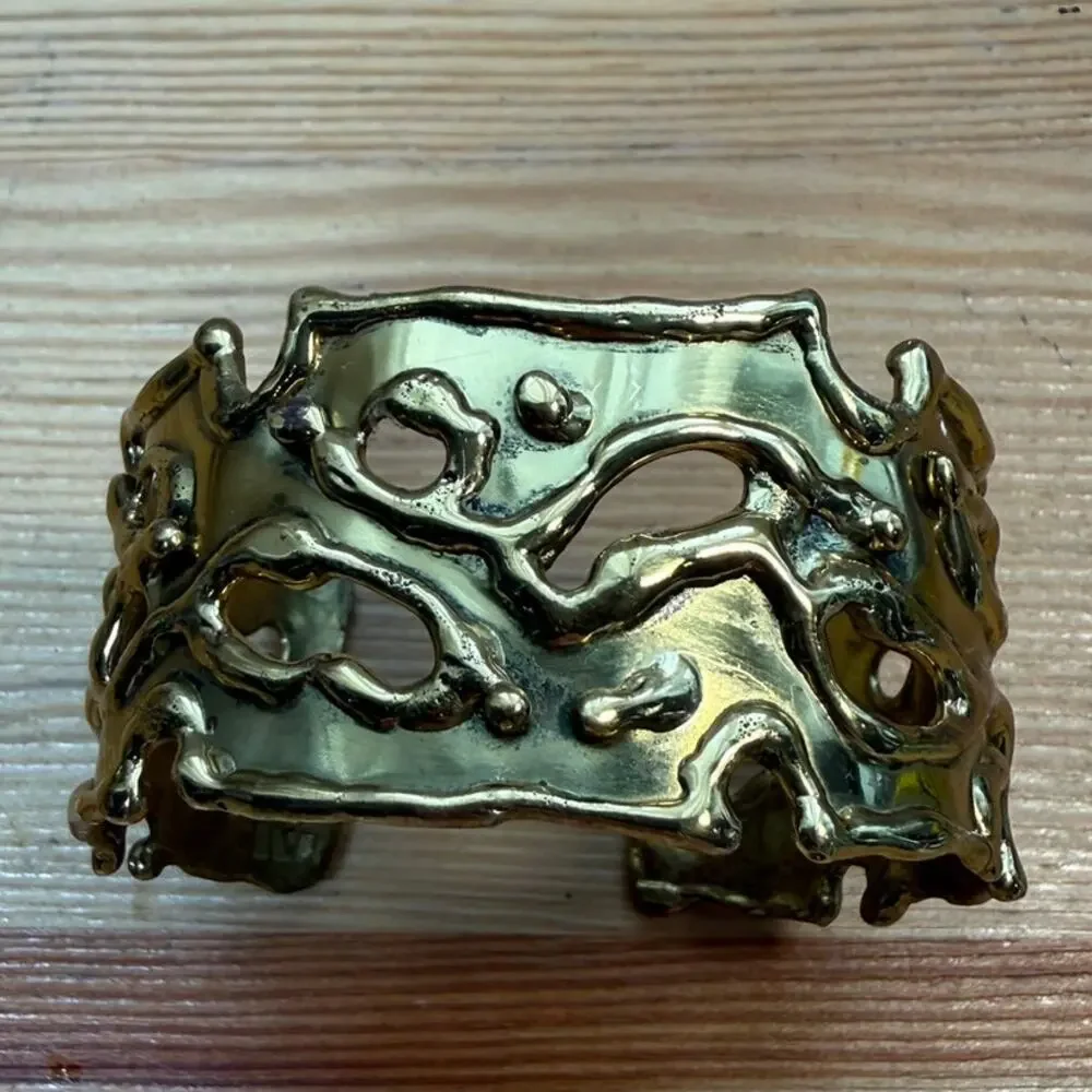Vintage Spain Brass Cuff Bracelet Wide Abstract Boho Statement,